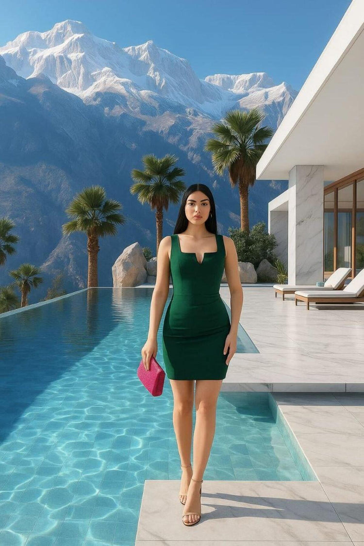 Krep Kare Elbise Kumaş Yaka Mini