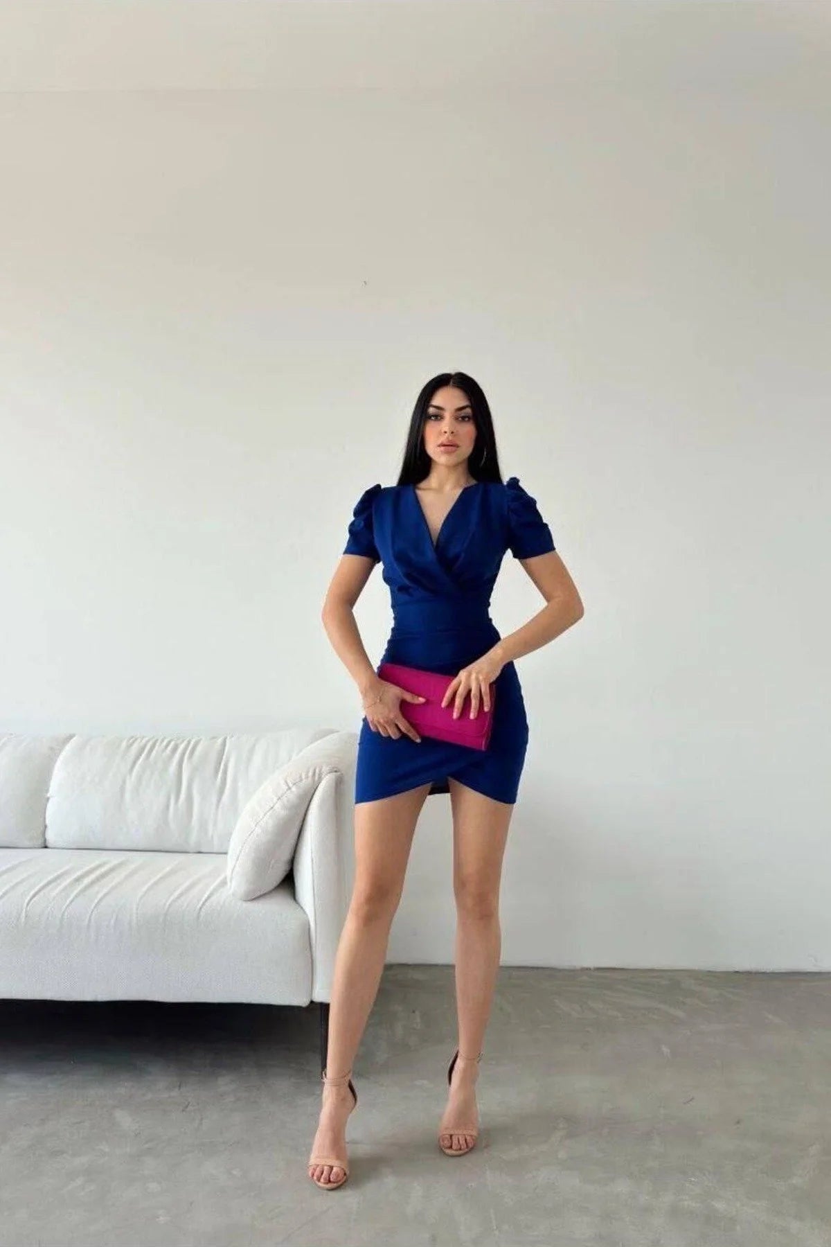 V Detaylı Elbise Abiye Yaka Pile Mini